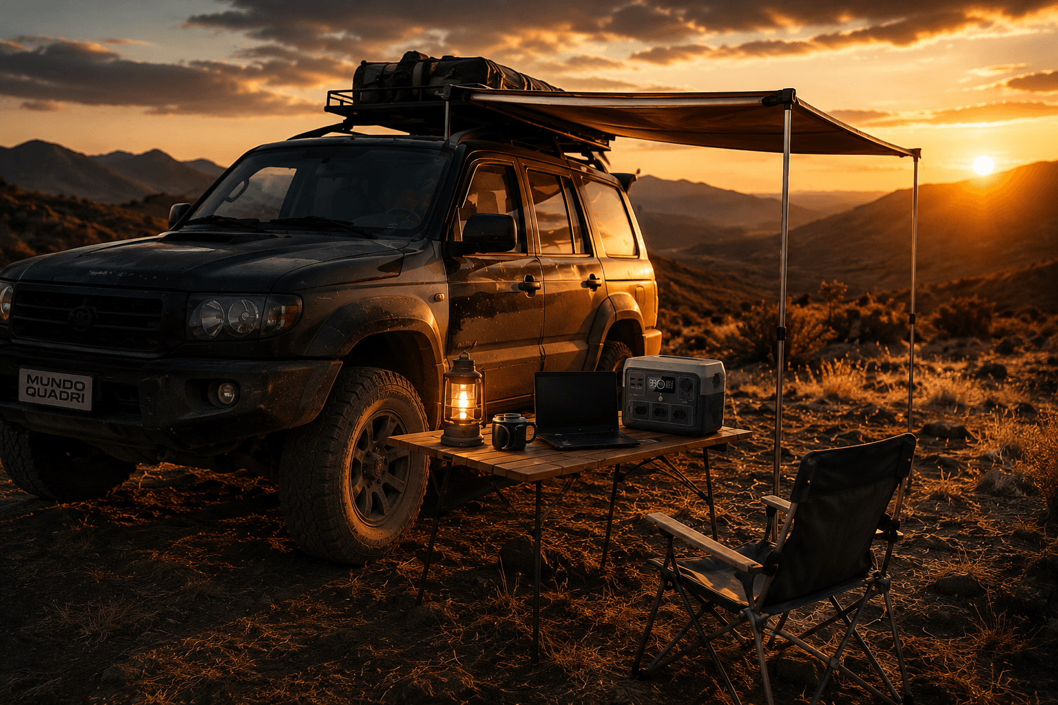 Estação de energia EcoFlow utilizada em camping off-road.